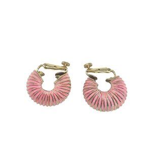 Vintage Vendome Pink Enamel Gold Tone Clip On Hoop Earrings Ribbed Circa 1980s